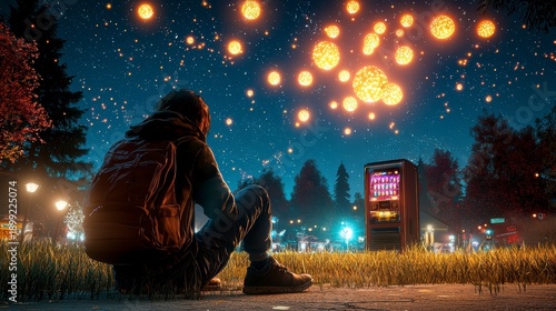 Fantasy Night Scene: Person Gazing at Magical Orbs in Starry Sky by Vending Machine