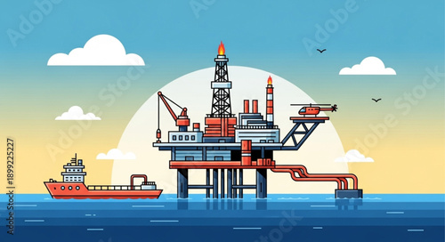 Offshore oil rig platform in the ocean with a supply ship.