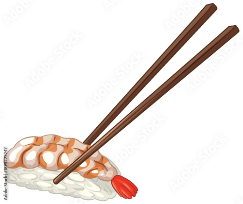 Ebi Nigiri Shrimp Sushi with Wooden Chopsticks Vector Illustration