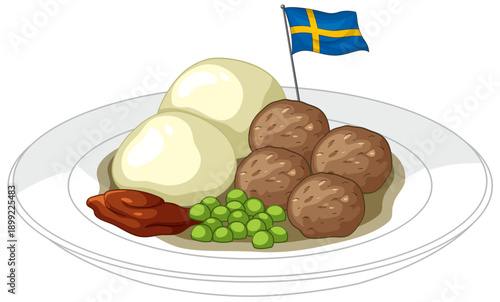 Traditional Swedish Meatballs with Mashed Potatoes Peas and Lingonberry Jam