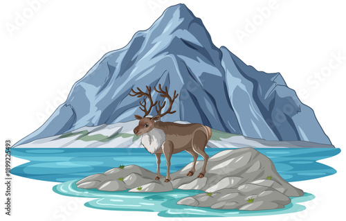 Reindeer Standing on Rocks in Front of a Large Blue Mountain
