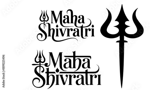Maha Shivratri calligraphy text with trident symbol in black and white, Hindu religious festival typography design representing Lord Shiva devotion, spiritual celebration, Indian culture and sacred 