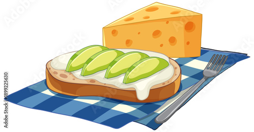 Avocado Toast with Cheese Wedge on Blue Checkered Napkin Illustration