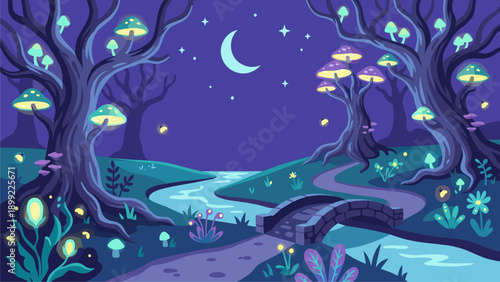 Magical Night Forest Landscape with Glowing Mushrooms, Crescent Moon, River, and Path