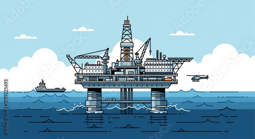 Offshore oil rig platform in the ocean with a supply ship and helicopter.