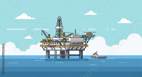 Offshore oil rig platform in the ocean with a support boat.