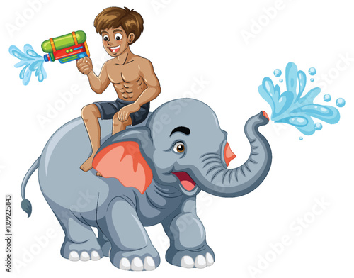 Young Man Riding Elephant and Playing with Water Gun for Songkran Festival