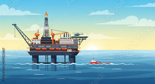 Offshore oil rig platform in the ocean with a support boat.
