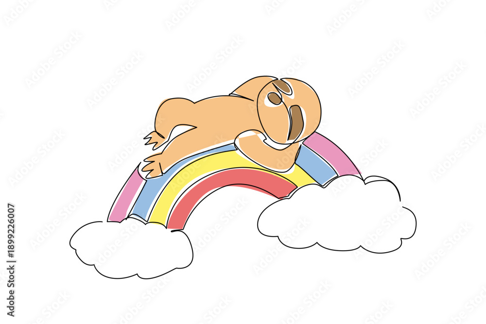 Fototapeta premium Continuous line draw of adorable slow sloth, with its long claws and perpetually serene expression, lies upside down in supine position. Perfect for inspiring joy, fun, and cheerish in children themes