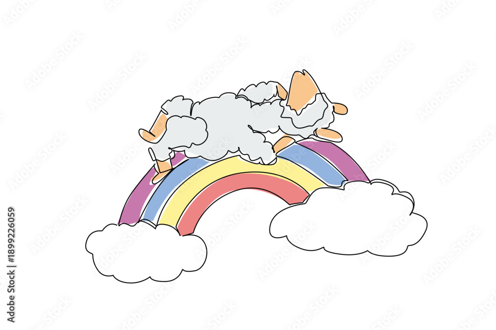 Fototapeta premium One line drawing of fluffy cute alpaca, soft wool appearing as the clouds it rests upon, is in deep supine sleep. Lies comfortably across vibrant rainbow arc, looking like living marshmallow