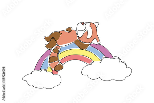 Single line drawing of delightful red panda, with its bushy, striped tail playfully curled over the edge of the rainbow, lies relaxed in a supine position. Ideal for vibrant kids educational material
