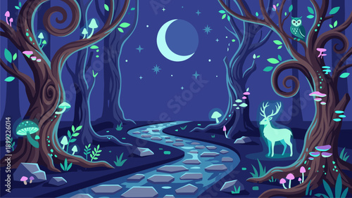 Magical Night Forest Landscape with Glowing Deer, Whimsical Trees, and Winding Path under Crescent Moon and Stars
