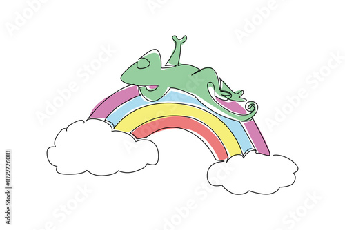 Continuous line drawing of colorful chameleon, its skin displaying soft pastel, lies playfully in supine position. Artistic design merges exotic wildlife charm with the magic of a technicolor dream