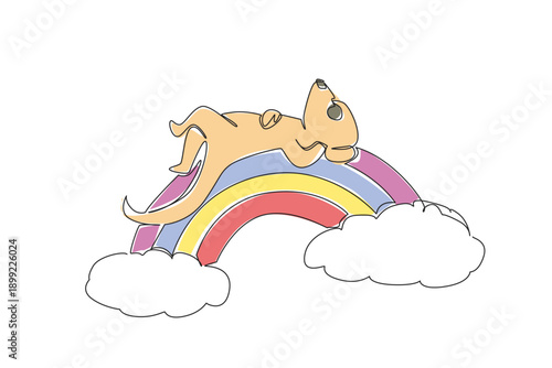 Single line drawing of cute meerkat animal sleeping belly up on a rainbow with clouds. Nature concept, International Day of Happiness theme, cute nursery art and kids wall decor illustration