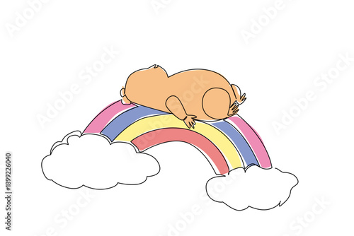 Single line draw of round, chubby hamster, its paw tucked into its belly, lies in supine position. Enjoying tiny slumber on rainbow bridge that arch over sea of soft, white cotton cloud in a warm sky