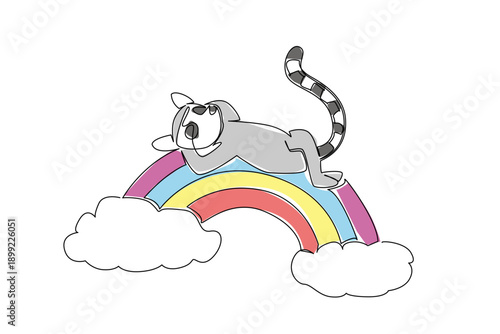 Single line drawing of playful lemur, with its distinctive long, striped tail gracefully flowing in supine position, happily napping on vivid rainbow arc. Cute nursery art and kids poster illustration