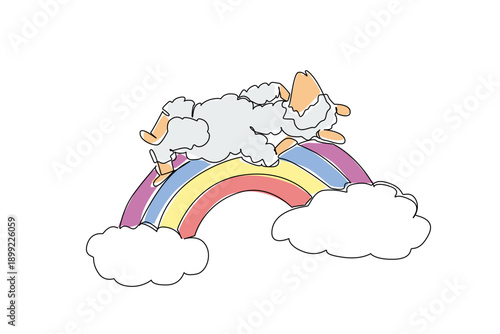 One line drawing of fluffy cute alpaca, soft wool appearing as the clouds it rests upon, is in deep supine sleep. Lies comfortably across vibrant rainbow arc, looking like living marshmallow