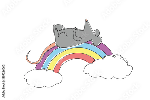 Continuous line draw of delicate little mouse, its long tail is sprawled out in supine position, napping on vivid rainbow arc. Whiskers twitch as it dream, floating high above the soft, dreamy clouds