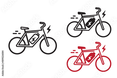 Electric Bicycle Icon Set with Battery Pack and Lightning Bolt Energy Symbol
