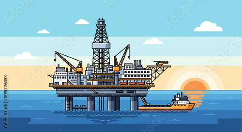 Offshore oil rig platform in the ocean with a support vessel.