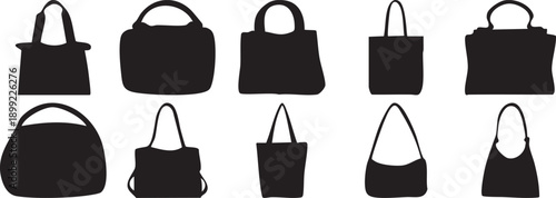 Collection of black handbag silhouettes diverse styles of bags for fashion and accessory design isolated on white background