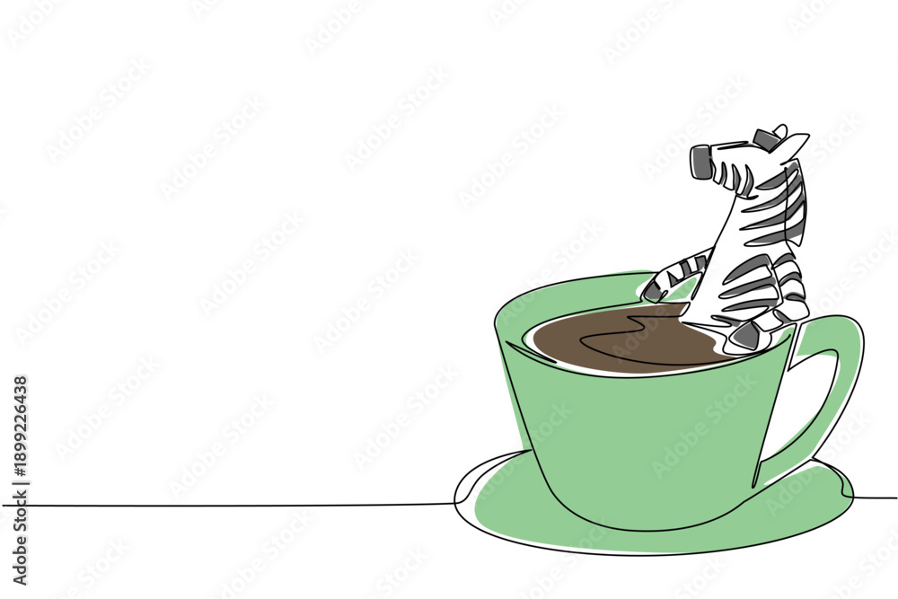 Fototapeta premium Single line drawing of adorable zebra for nature concept features cute savannah animal soaking in coffee cup. Colorful graphic celebrates an international cafe day theme with striped safari animal