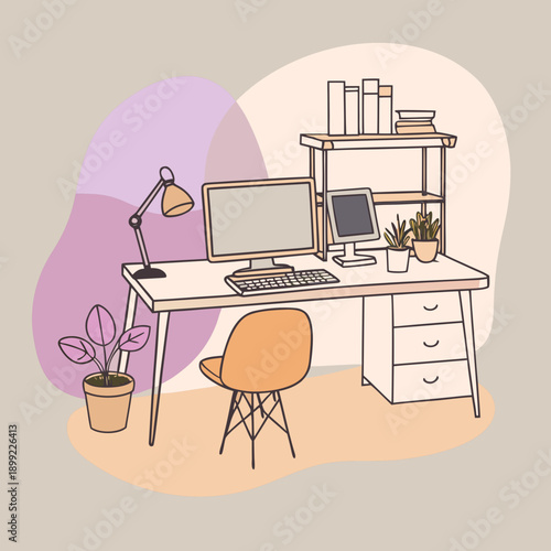 A cozy home office setup with a desk, chair, and various office supplies Vector
