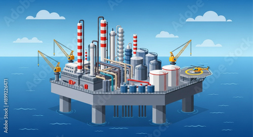 Offshore oil rig platform in the ocean with blue sky and clouds.