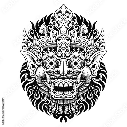 Balinese barong mask line art tattoo design