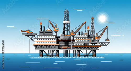 Offshore oil rig platform in the ocean under a sunny sky.