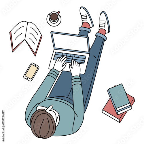 A person working on a laptop surrounded by various items and a dog Vector