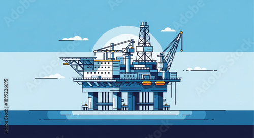 Offshore oil rig platform in the ocean under a sun.