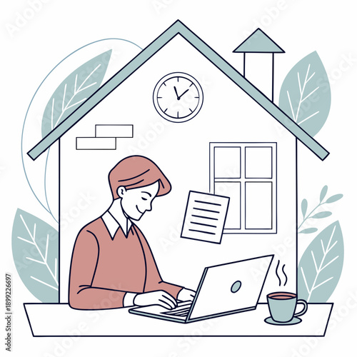 A woman working from home on her laptop while managing household tasks. Vector