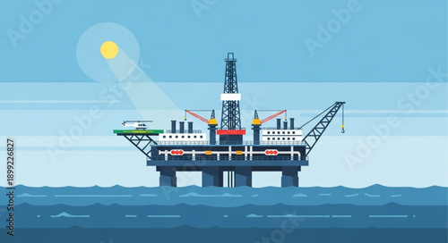 Offshore oil rig platform in the ocean under the sun.