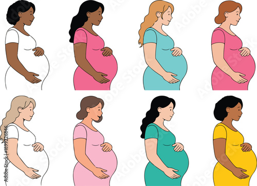 Pregnant Women Vector Illustration Set Maternity Stages and Silhouettes