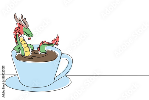 One line drawing of adorable dragon nature concept features cute animal soaking in coffee cup. Colorful graphic celebrates an international cafe day theme with the green Chinese mythical winged beast