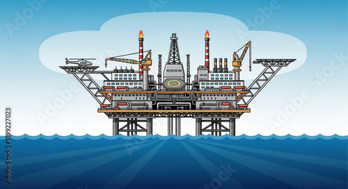 Offshore oil rig platform in the ocean water.
