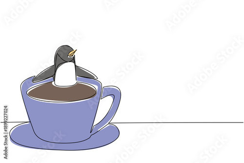 One line drawing of adorable penguin for nature concept features cute animal soaking in coffee cup. Colorful graphic celebrates an international cafe day theme with the blue arctic bird