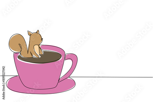 Single line drawing of cute animal show brown squirrel soaking in coffee cup for nature concept. Colorful art is perfect for an international coffee day theme with playful kit and kids storybook cover