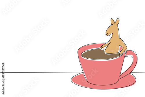 One line drawing of colorful kangaroo depicts cute animal soaking in coffee cup for nature concept. Tan joey design celebrates an international zoo day theme in whimsical art style