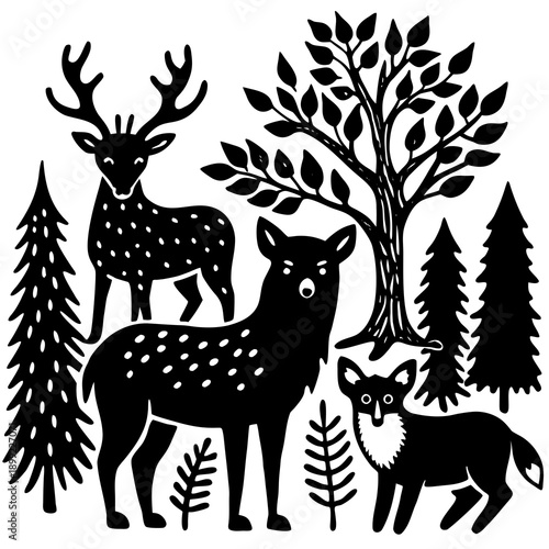 A detailed illustration of a deer family standing under a tree in a forest. Vector