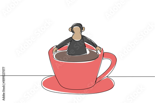 Single line drawing of dark chimpanzee for a nature concept features cute primate animal soaking in coffee cup. Colorful art represents an international monkey day theme with a playful ape