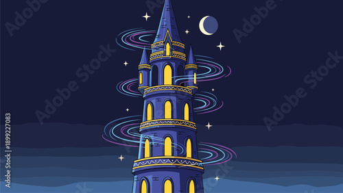 Enchanted Night Tower with Magic Swirls, Moon, and Stars