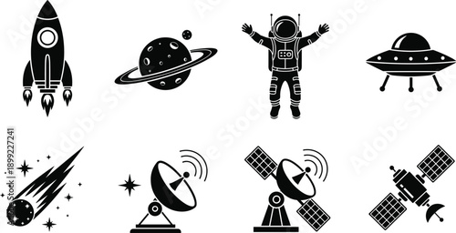 Black and white vector space icon set featuring rocket ship planet astronaut flying saucer comet satellite and radar dish for science and exploration designs
