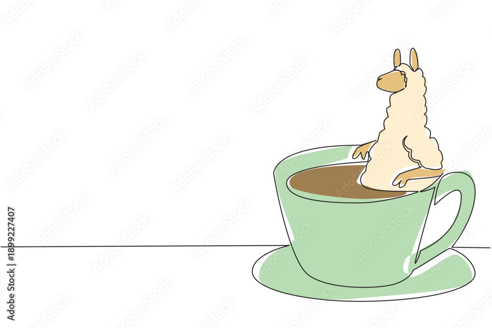 Fototapeta premium One line drawing of colorful charming alpaca depicts cute animal soaking in warm coffee cup for nature concept. White playful alpaca design celebrates international coffee day theme in whimsical style
