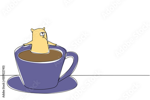 One line drawing of cute adorable hamster features the pet rodent animal soaking in hot coffee cup for nature concept. Colorful art is ideal for international coffee day theme and kids bedroom decor