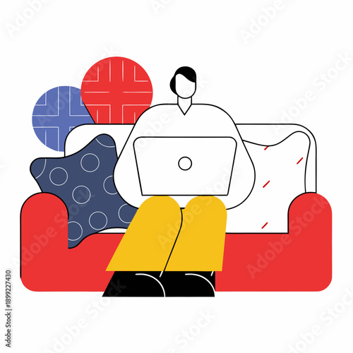 A person relaxing on a couch with a laptop and a cat nearby Vector