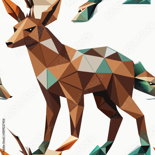 A majestic deer with geometric patterns stands in a serene forest setting. Vector