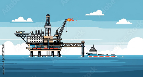 Offshore oil rig platform in the ocean with a supply boat.
