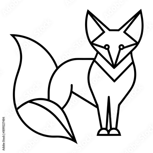 A detailed line drawing of a fox standing on its hind legs with a bushy tail. Vector